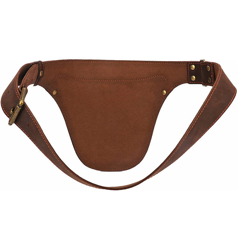 Brown leather waist bag with brass fastenings on a white background