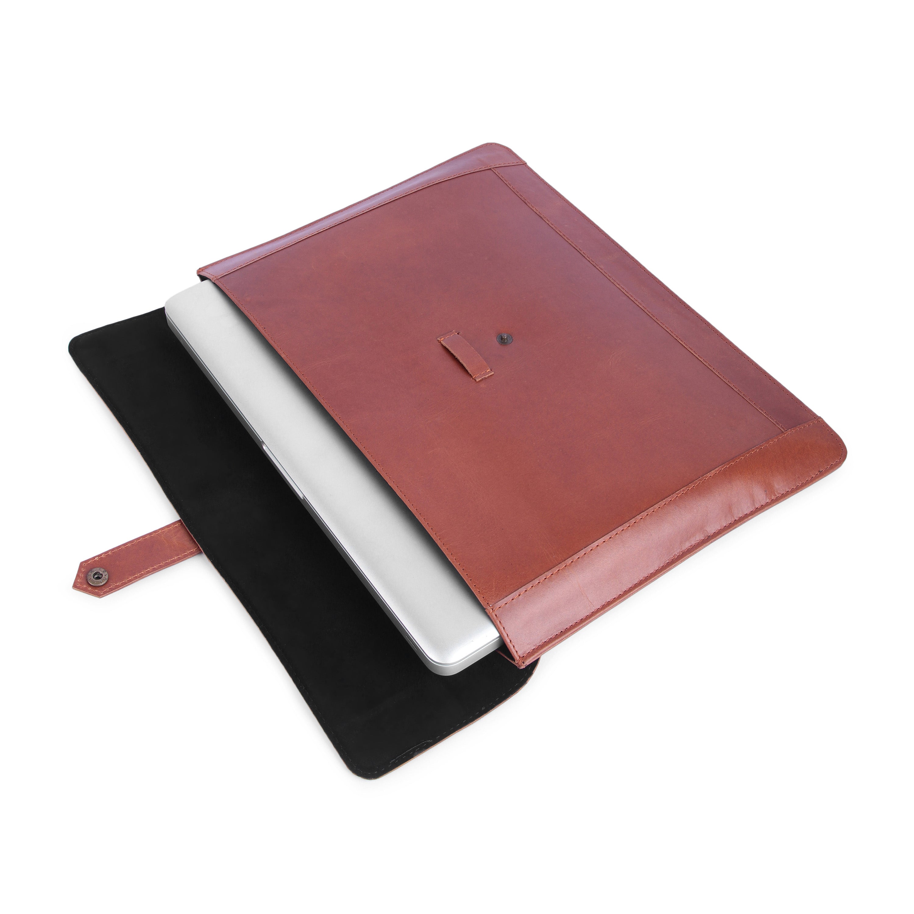 Brown leather laptop sleeve with a black interior on a white background