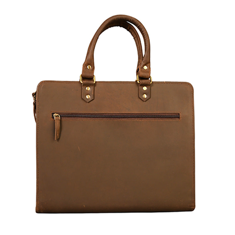 Brown leather briefcase with gold accents on a white background