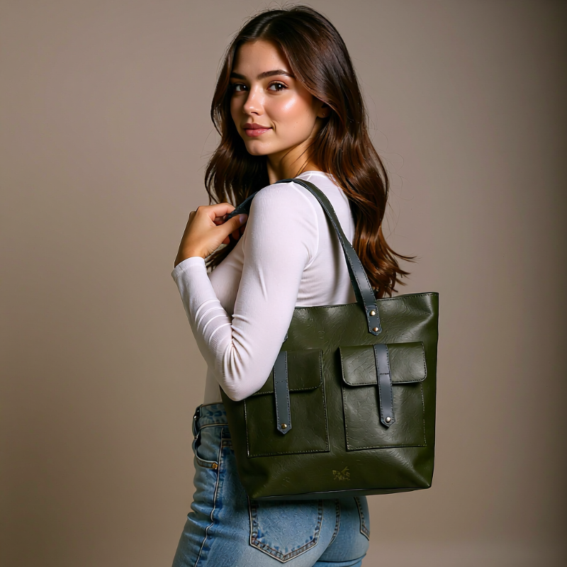 Woman holding a green tote bag against a plain background