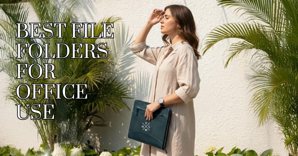 Woman holding a leather file folder for office use while standing outdoors near plants.