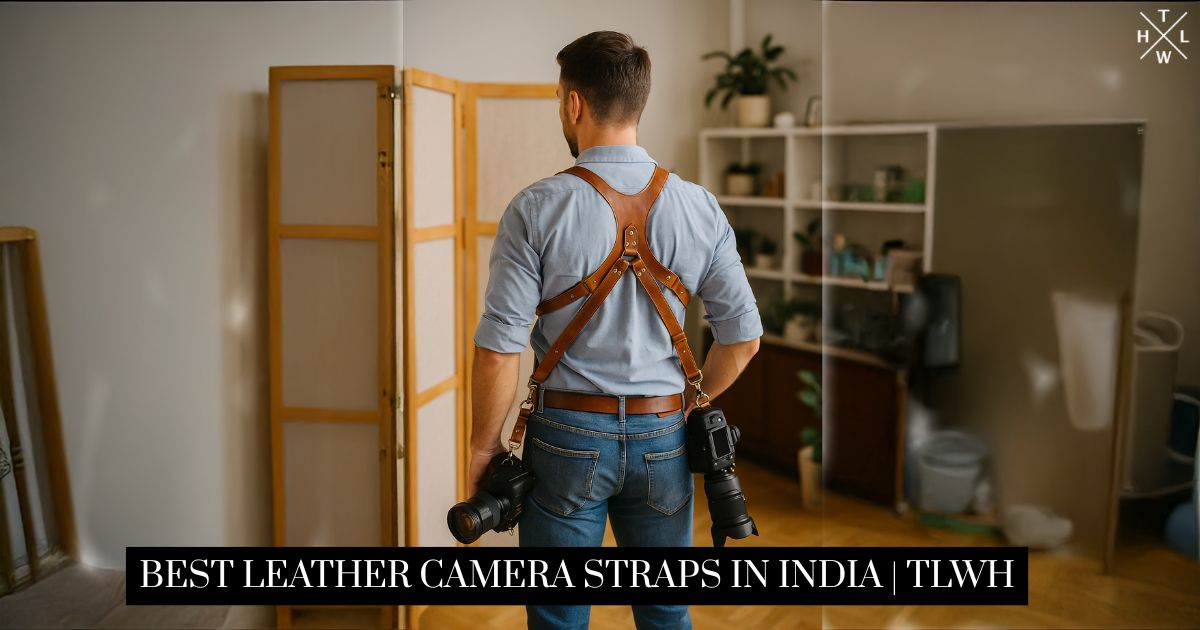 Man wearing brown leather camera harness with two cameras – Best Leather Camera Straps in India by TLWH.