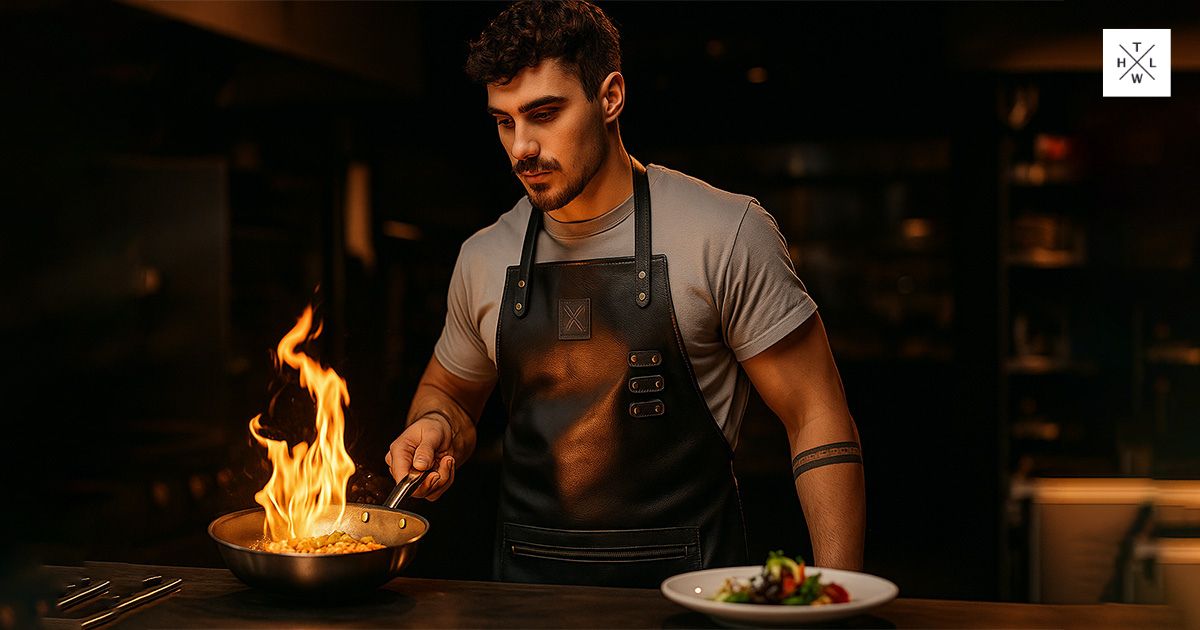Chef wearing Personalized Leather Apron while cooking, featuring durable leather, adjustable straps, and custom personalization.