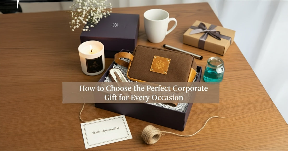 Premium leather corporate gift set including a brown pouch, candle, and thank-you card on a wooden desk — featuring The Leather Warehouse branding with text overlay ‘How to Choose the Perfect Corporate Gift for Every Occasion.