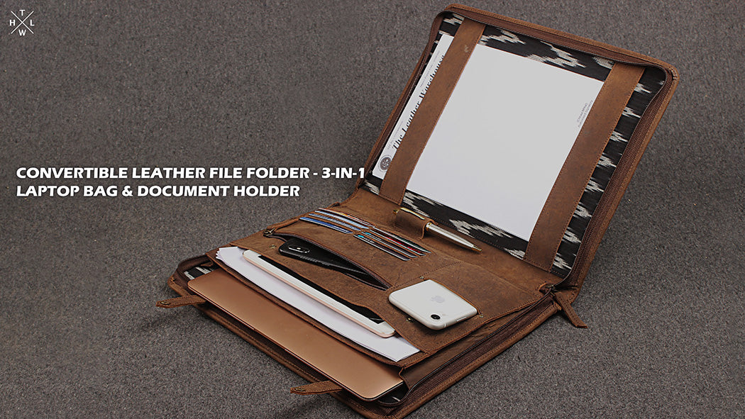 Multi-Use Convertible Leather Folder - Laptop Bag + File Organizer