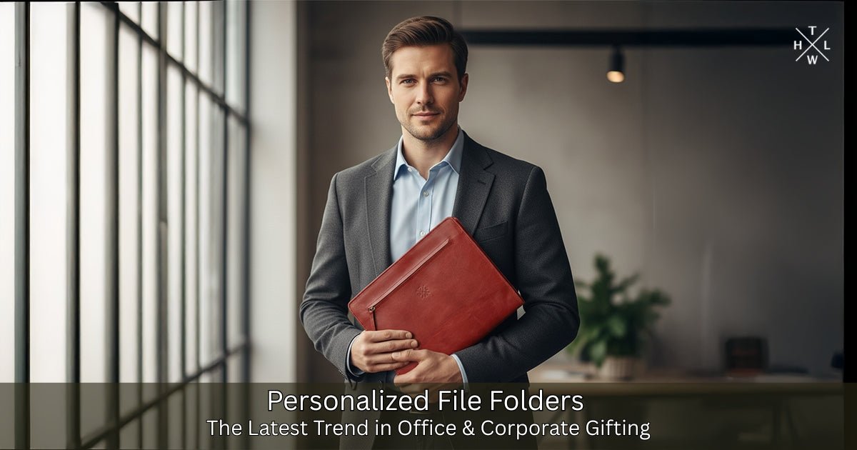 Man holding a red file folder in an office setting with text about personalized file folders.