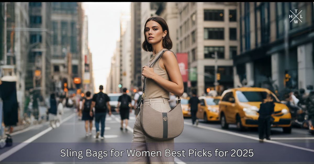 Woman holding a beige sling bag on a city street with text about sling bags for women.