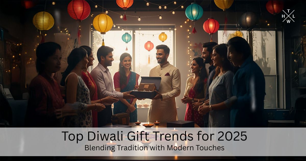 Group of people celebrating Diwali with decorative lights and a gift exchange.