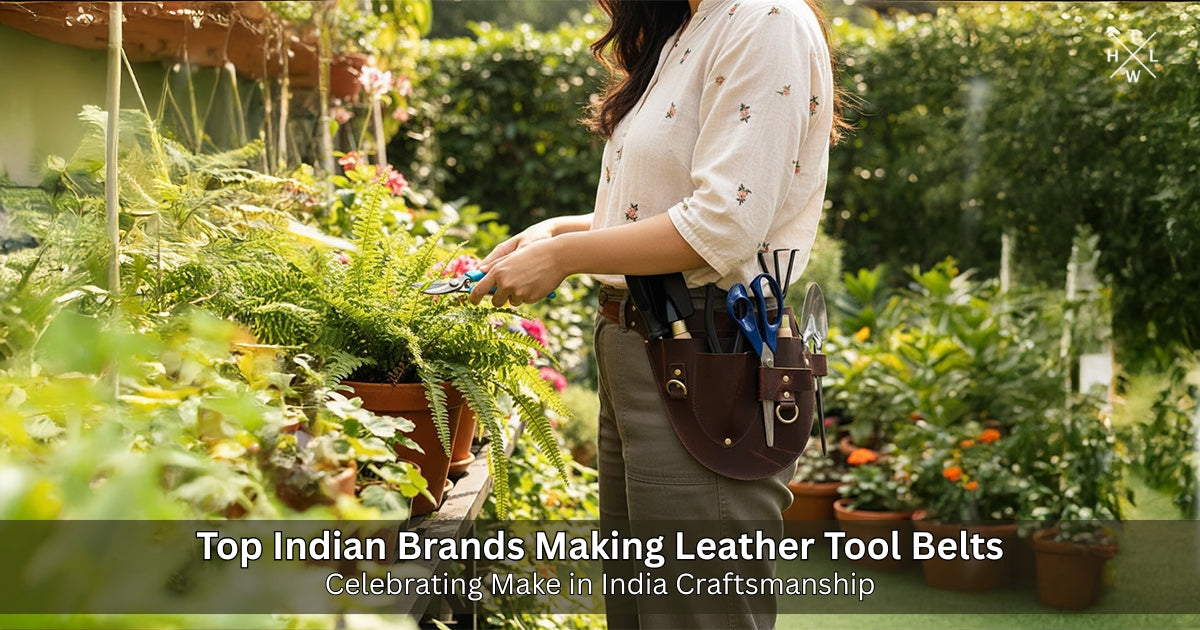 women in a garden wearing a leather tool belt with gardening tools.