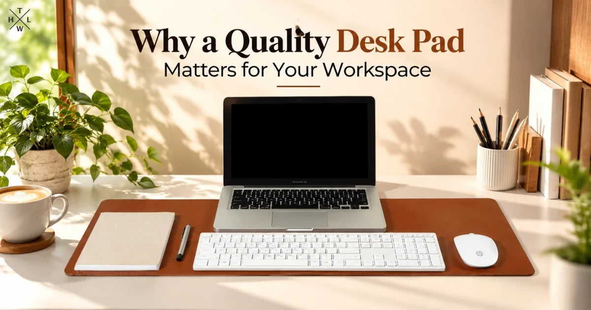 Quality desk pad with a laptop, keyboard, mouse, notebook, and pen on a neatly arranged workspace
