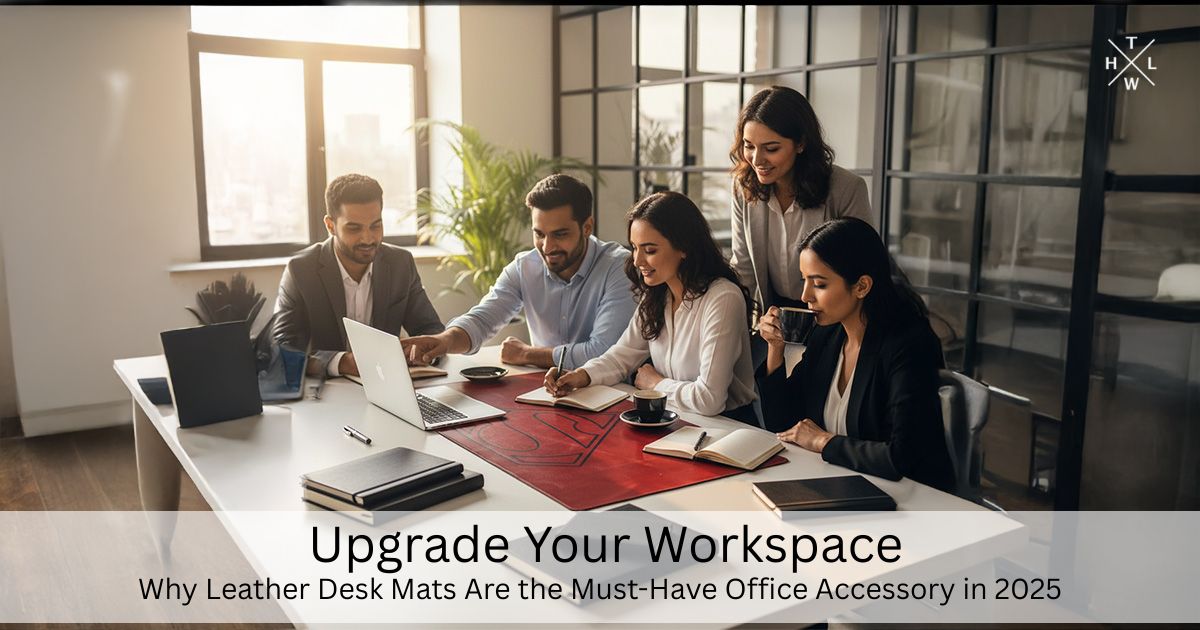Group of people working together in an office setting with text overlay about leather desk mats.