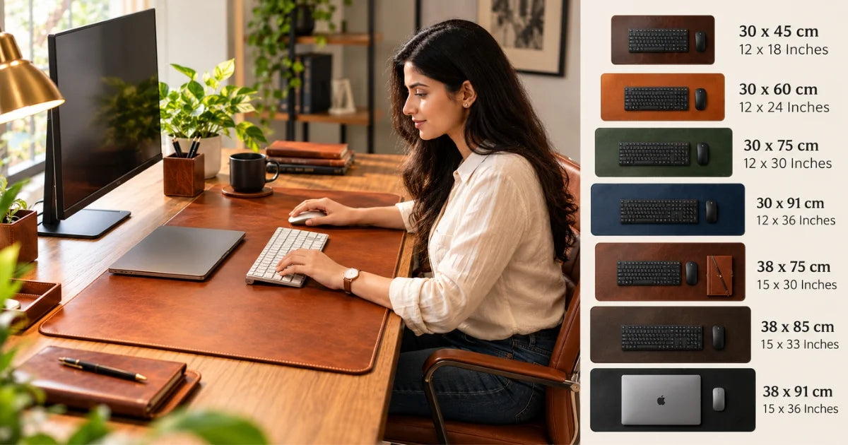 Leather desk mat size guide showing different desk mat sizes for keyboards, mice, laptops, and home office setups.