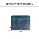 Blue leather file folder with measurements on a white background