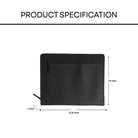 Black leather file folder with measurements on a white background