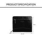 Black leather file folder with measurements on a white background