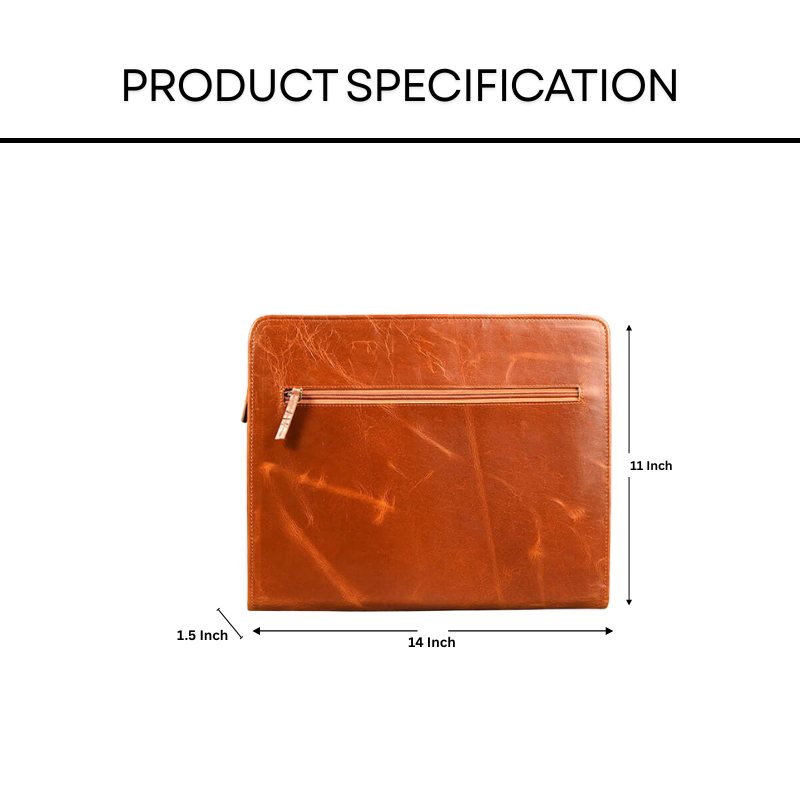 Brown leather file folder with gold zipper and measurements on a white background