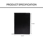 Black leather portfolio with dimensions labeled on a white background