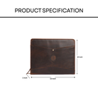 Brown leather envelope with dimensions on a white background