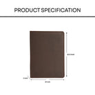 Brown leather folio with dimensions labeled on a white background