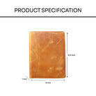 Brown leather folio with dimensions labeled on a white background