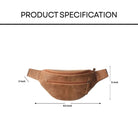 Brown fanny pack with dimensions labeled on a white background