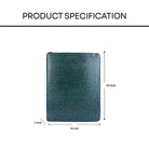 Green crocodile-patterned leather  file folder with dimensions on a white background