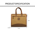 Brown canvas file folder with measurements on a white background