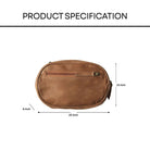 Brown leather pouch with dimensions labeled on a white background