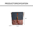 Crossbody sling bag with floral pattern and dark blue top with measurements on white background.