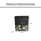 Black sling bag with floral design and measurements on a white background