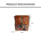 Brown leather sling bag with patterned flap and measurements on a white background