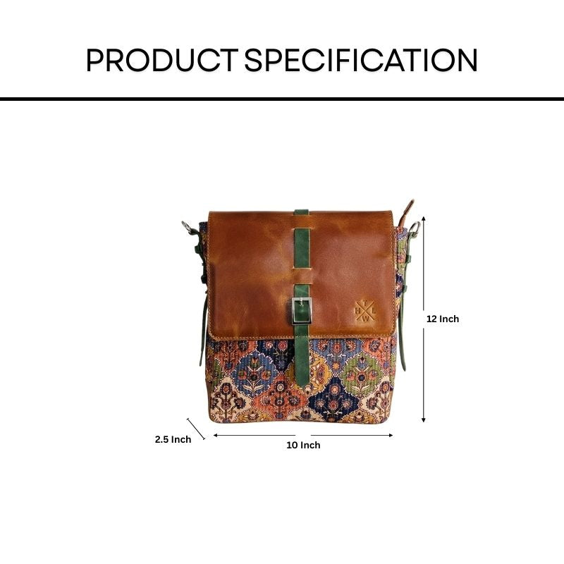 Brown leather sling bag with patterned flap and measurements on a white background