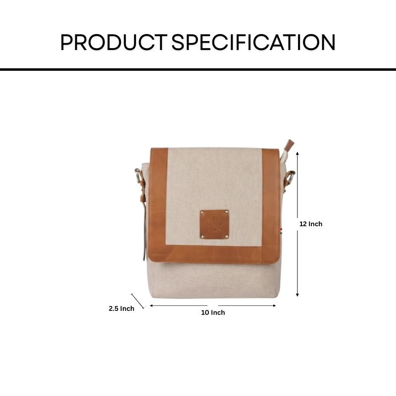 Beige canvas and brown leather  crossbody sling bag with dimensions on a white background
