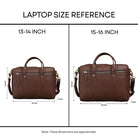 Brown leather bag with dimensions for 13-14 inch and 15-16 inch laptops on a white background.