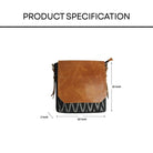 Brown leather crossbody sling bag with measurements on a white background