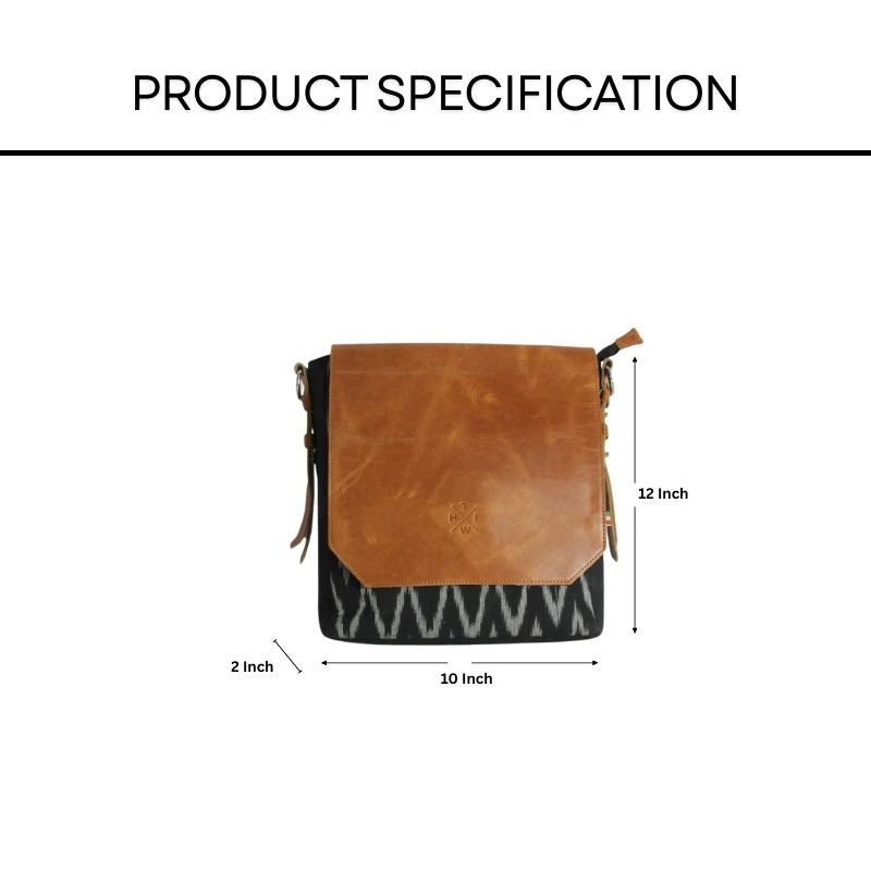 Brown leather crossbody sling bag with measurements on a white background