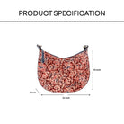 Patterned bag with dimensions on a white background