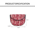 Red and white patterned pouch with measurements on a white background