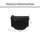 Black leather crossbody sling bag with measurements on a white background
