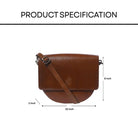 Brown leather crossbody sling bag with measurements on a white background