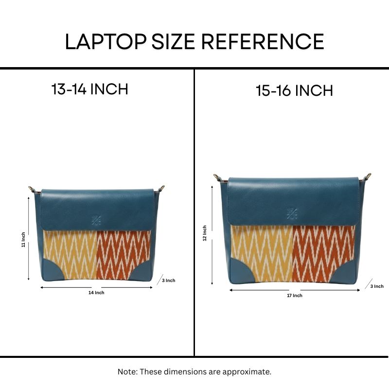 Laptop size reference chart with two bags showing 13-14 inch and 15-16 inch dimensions.