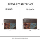 Laptop size reference chart showing 13-14 inch and 15-16 inch dimensions with a patterned laptop sleeve.