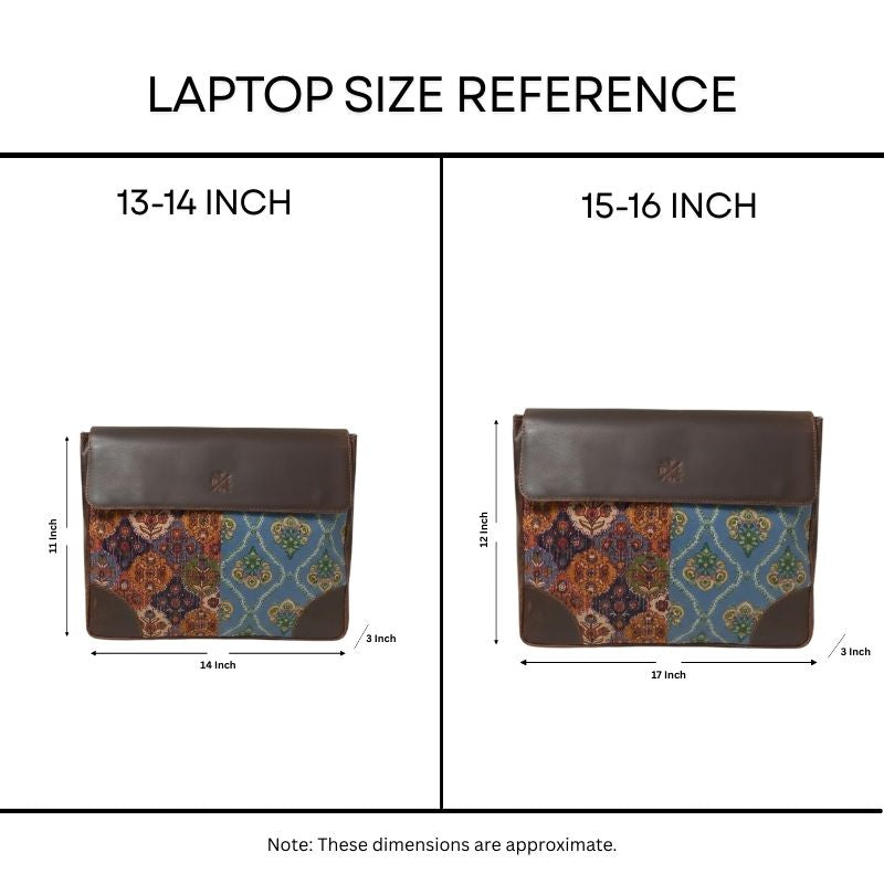 Laptop size reference chart showing 13-14 inch and 15-16 inch dimensions with a patterned laptop sleeve.