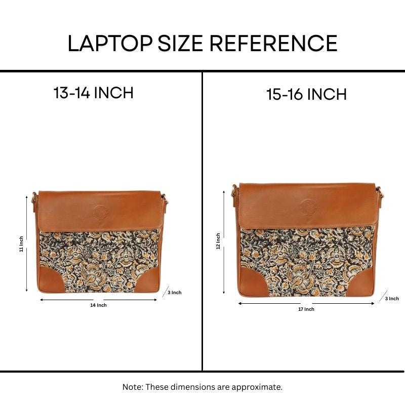 Laptop size reference chart showing 13-14 inch and 15-16 inch dimensions with a floral-patterned bag.