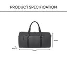 Black duffel bag with dimensions labeled on a white background