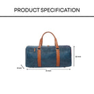 Blue duffel bag with brown straps and dimensions on a white background