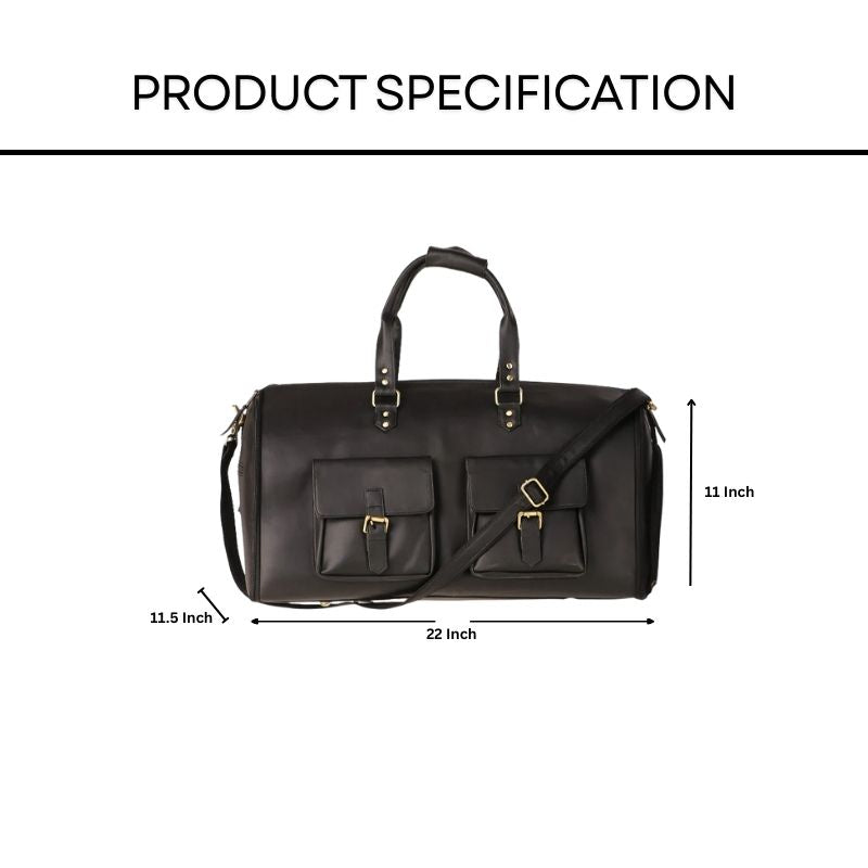 Black duffel bag with measurements on a white background