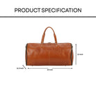 Brown leather duffel bag with dimensions on a white background
