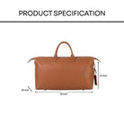 Brown leather duffel bag with dimensions labeled on a white background