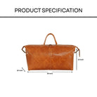 Brown leather bag with dimensions labeled on a white background